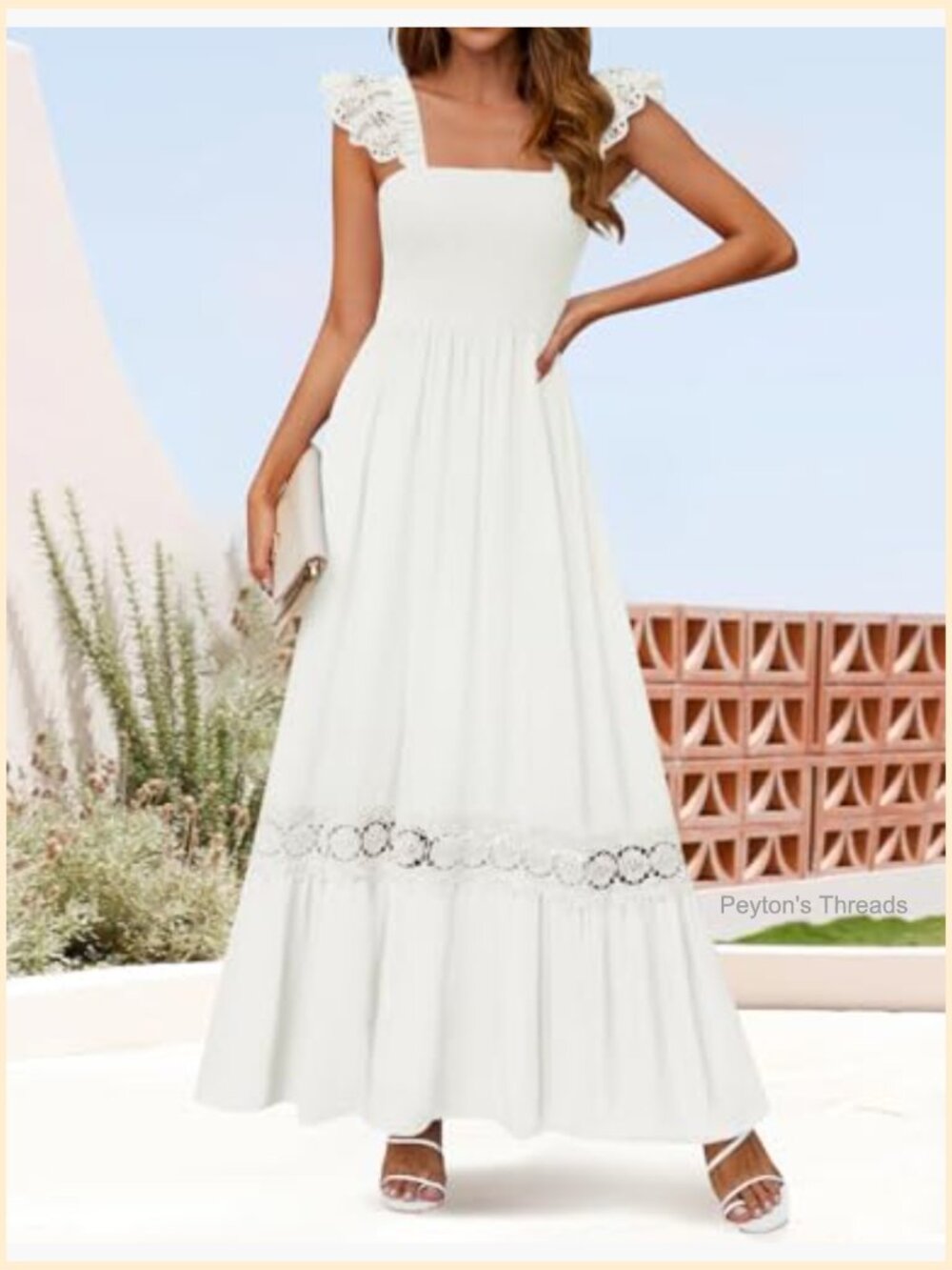 Lace Strap Sleeveless Square Neck Smocked High Waist Ruffle A-Line Maxi Dress - Picture 4 of 7
